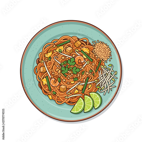 Authentic pad thai noodles with shrimp and lime