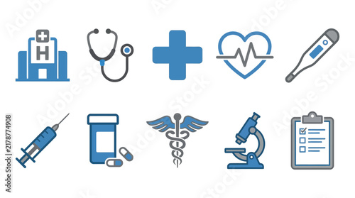 Medical icons set featuring hospital stethoscope and medical tools