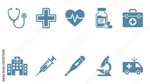 Collection of medical icons depicting healthcare tools and facilities