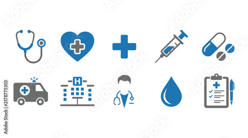Collection of healthcare icons depicting medical tools and facilities