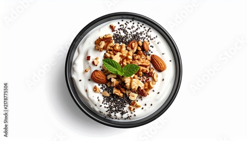 Realistic Greek yogurt parfait in a black bowl, isolated white background, top view, topped with almonds, walnuts, and chia seeds.