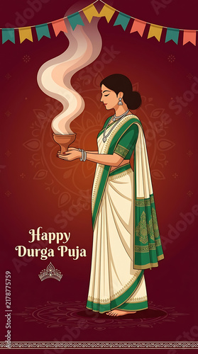 Graceful bengali woman holding smoking dhunuchi in traditional sari during durga puja and navratri festival celebration on rich maroon decorative background illustration