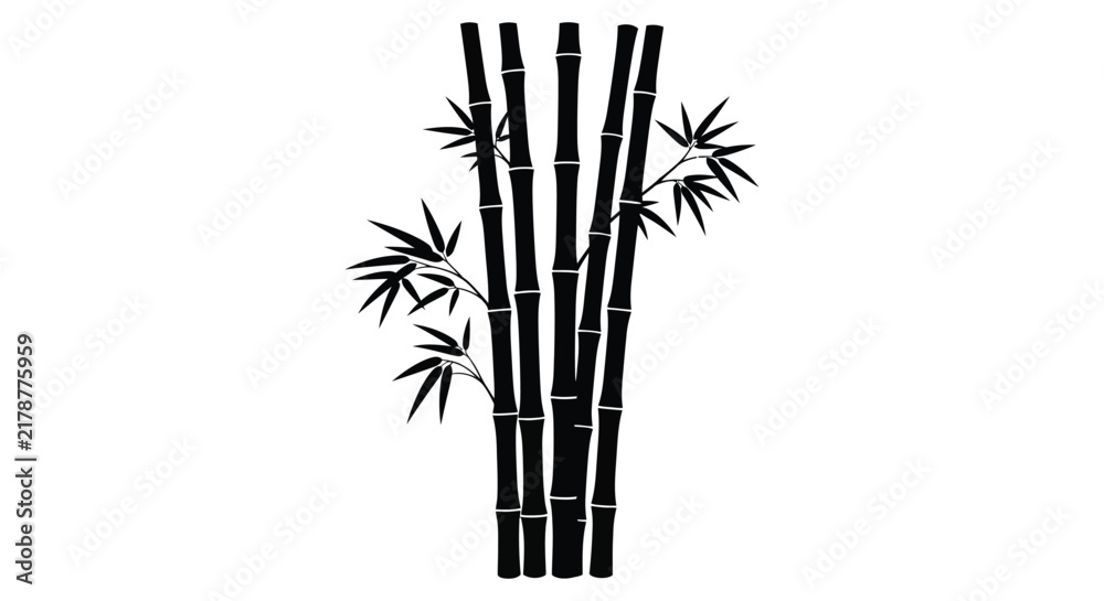 Fototapeta premium Black silhouette of bamboo stalks and leaves against a white background