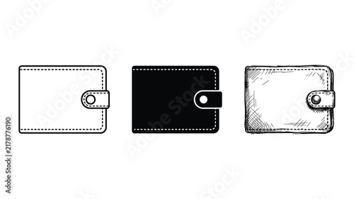 фотографія Three wallet sketches depict different styles including a black silhouette