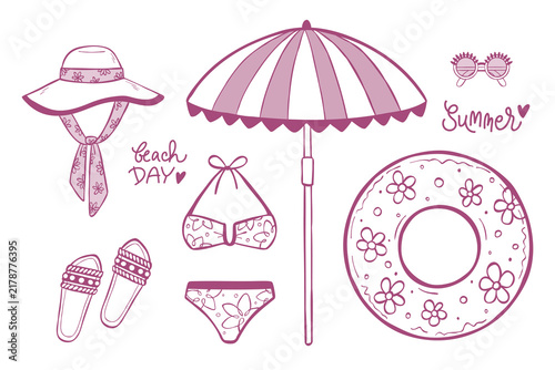 Hand-drawn outline vector summer vacation set. Line art elements of wide brim beach hat, swimsuit, umbrella, flip-flops, sunglasses, inflatable swim ring float. Design for web, stickers, or prints.