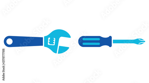Wrench and screwdriver tools depicted as a flat two tone blue icon
