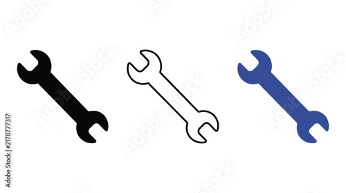 Three wrench silhouettes in black outline and blue shades are displayed