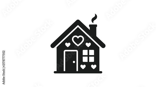 House silhouette icon with hearts and chimney smoke on white background