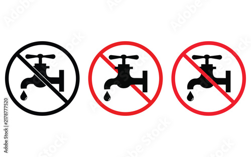 Set of warning signs displaying prohibited faucet water dripping icons isolated on transparent background for water conservation safety awareness design.