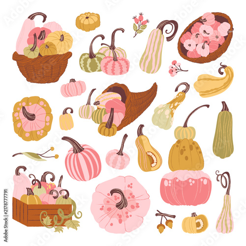 Set of Autumn Harvest Festival Pastel Pumpkins.