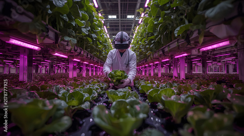 Indoor farm technician harvesting fresh greens under LED grow lights