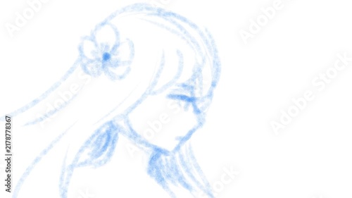 Blue drawing of a girl and flowers