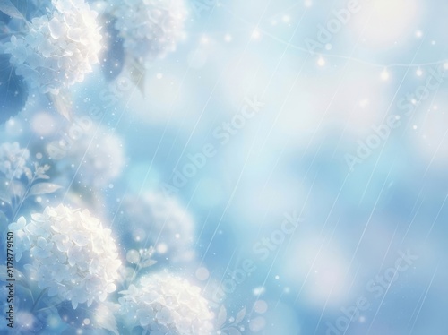 Soft White Hydrangea Flowers Blooming In A Dreamy Light Blue Rainy Atmosphere
