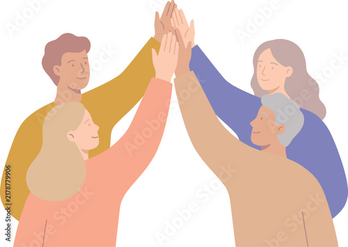 Four People Raising Hands Together In A Group High Five
