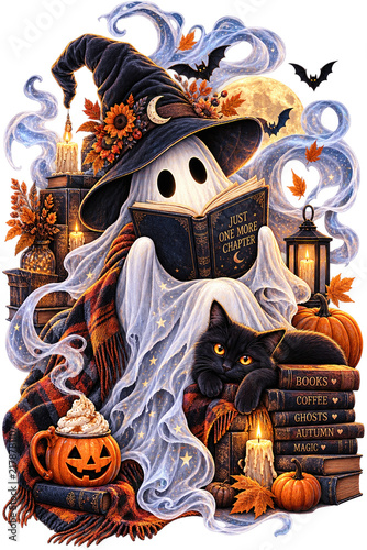 Niedlicher Halloween Geist als Hexe mit schwarzer Katze, Büchern und Kürbissen