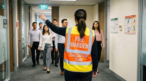 Female fire warden directing office employees during an evacuation drill. Woman in high visibility vest pointing towards exit sign in hallway. Safety training and emergency preparedness concept