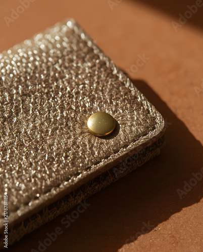 Corner view of luxury golden metallic textured leather coin purse