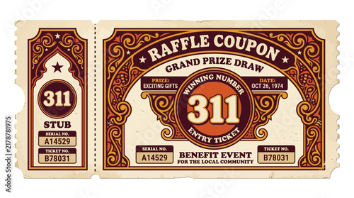 Vintage Raffle Ticket Coupon, Grand Prize Draw, Isolated Cut Out