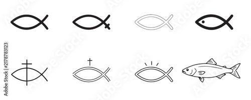 Christian ichthys fish symbol collection in various line styles for religious branding and design.