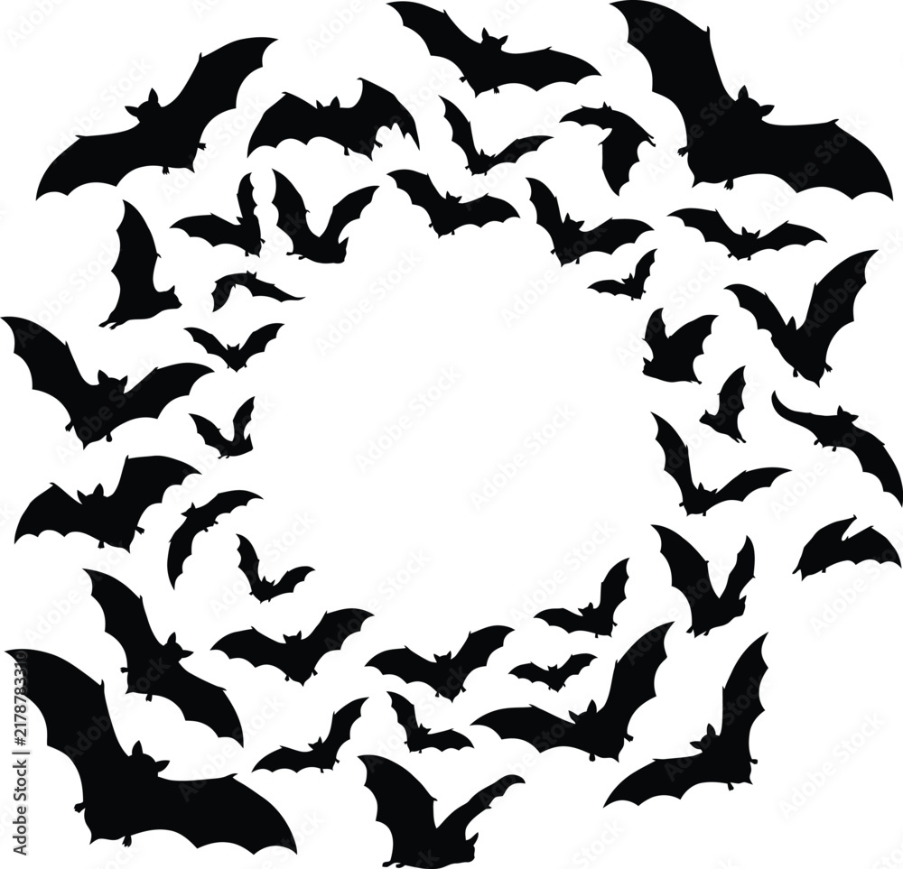Fototapeta premium Silhouette of flying bats arranged in a circular frame on a white background