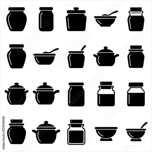 Set of kitchen jar pot and bowl vector icons in black silhouette style cooking pot soup bowl kitchenware icon food container glass jar ceramic bowl kitchen utensil graphic asset kitchenware