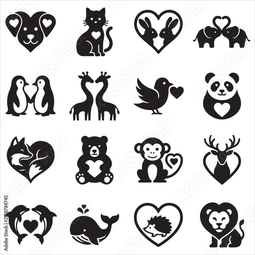 Collection of cute animals with hearts in black silhouettes heart silhouettes animal love pet icons wildlife vectors animal valentine love badges sweet animals heart shapes romantic symbols