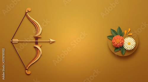 Elegant bow and arrow with floral decoration on warm golden background symbolizing durga puja and navratri festive celebration with traditional indian style