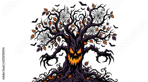 Creepy stylized haunted tree with pumpkin face and bats in a spooky setting
