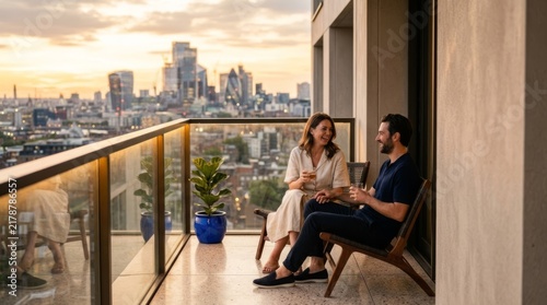 Couple enjoys golden hour on a modern balcony with a stunning city skyline view, perfect for lifestyle and real estate