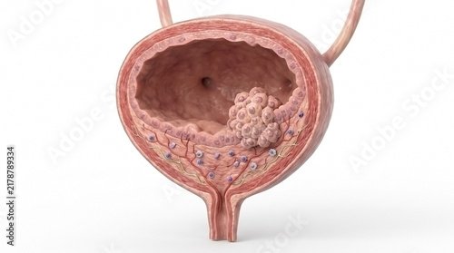 Medical illustration showing urinary bladder anatomy with tumor growth inside the organ bladder cancer oncology pathology