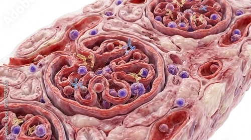 Microscopic view of kidney nephrons and glomerulus structure showing cellular damage and bacterial infection with kidney nephron