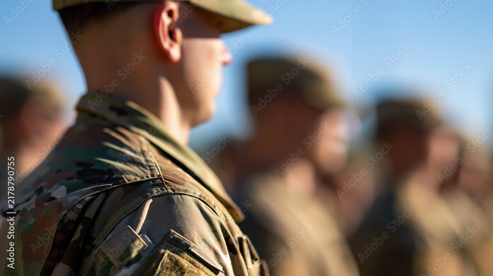 Obraz premium rows of recruits in camouflage uniform standing at attention on a bright outdoor parade ground, rear view with faces out of frame, clean daylight sky overhead, boot camp, basic