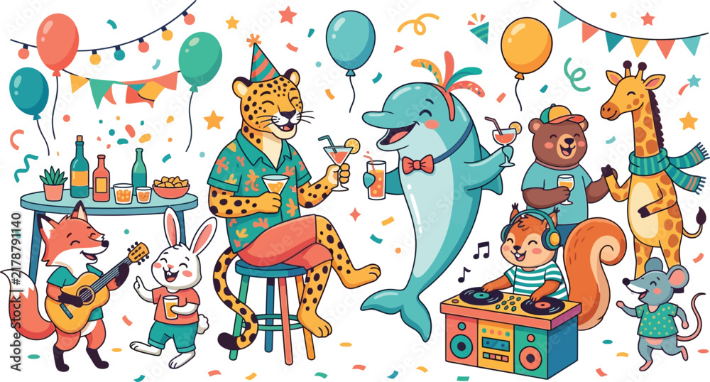 Fototapeta premium Cute cartoon animals having a fun party with music and drinks isolated on a plain background