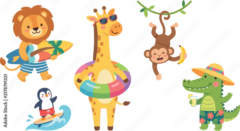 Fototapeta premium Cute cartoon wild animals on summer vacation with lion giraffe monkey penguin and crocodile enjoying beach activities