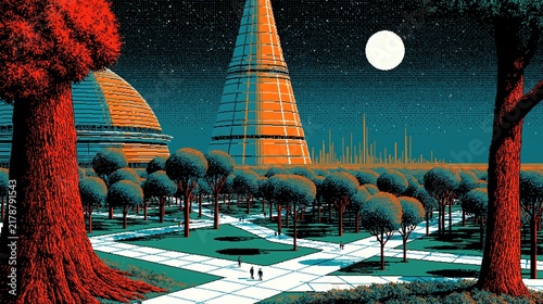 Tall conical retro towers overlook geometric city garden framed by huge red trees and moon