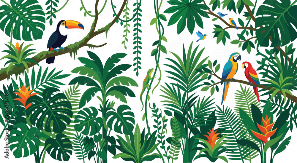 Obraz premium Tropical jungle scene with toucan and colorful parrot birds perched on exotic palm leaves and lush green plants