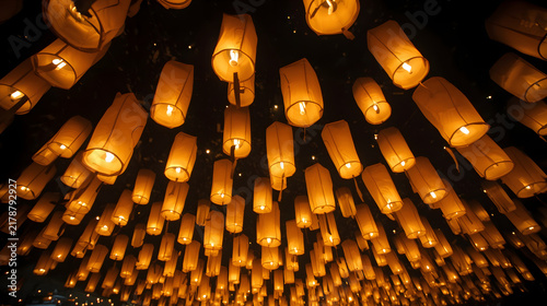 Illuminated paper lanterns floating into dark night sky during celebration