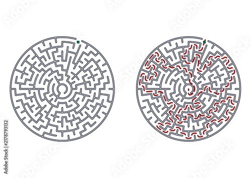 Circular maze with solution paths for engaging puzzles  