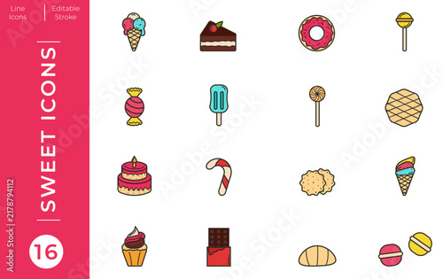 Set of 16 colorful sweet icons isolated on white background. Vector illustration
