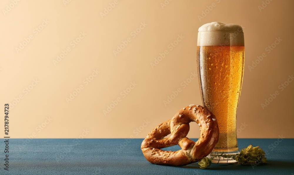 Fototapeta premium Cold glass beer with creamy foam, next to pretzel and hops on blue table