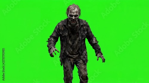 Walking scary zombie man on a green screen background, chroma key