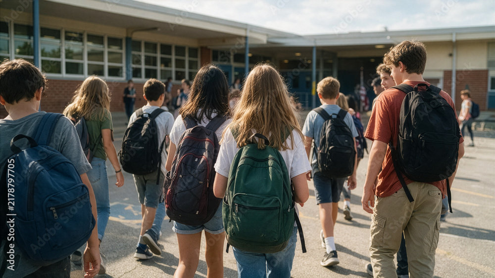 Obraz premium Teenage students with backpacks walking toward school entrance building on sunny campus outdoors; back to school, education