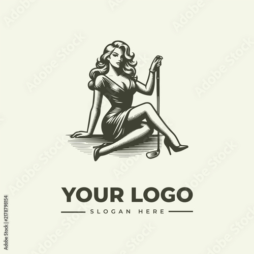 Elegant woman sitting with a golf club vintage style logo design illustration.
