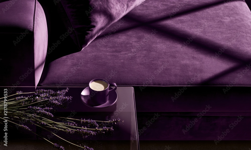 Fototapeta premium Luxury purple sofa with dried lavender