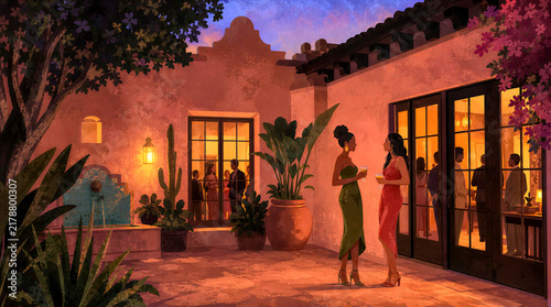 outdoor courtyard at dusk, featuring two women in formal attire conversing near a lit Spanish-style building with guests gathered inside.