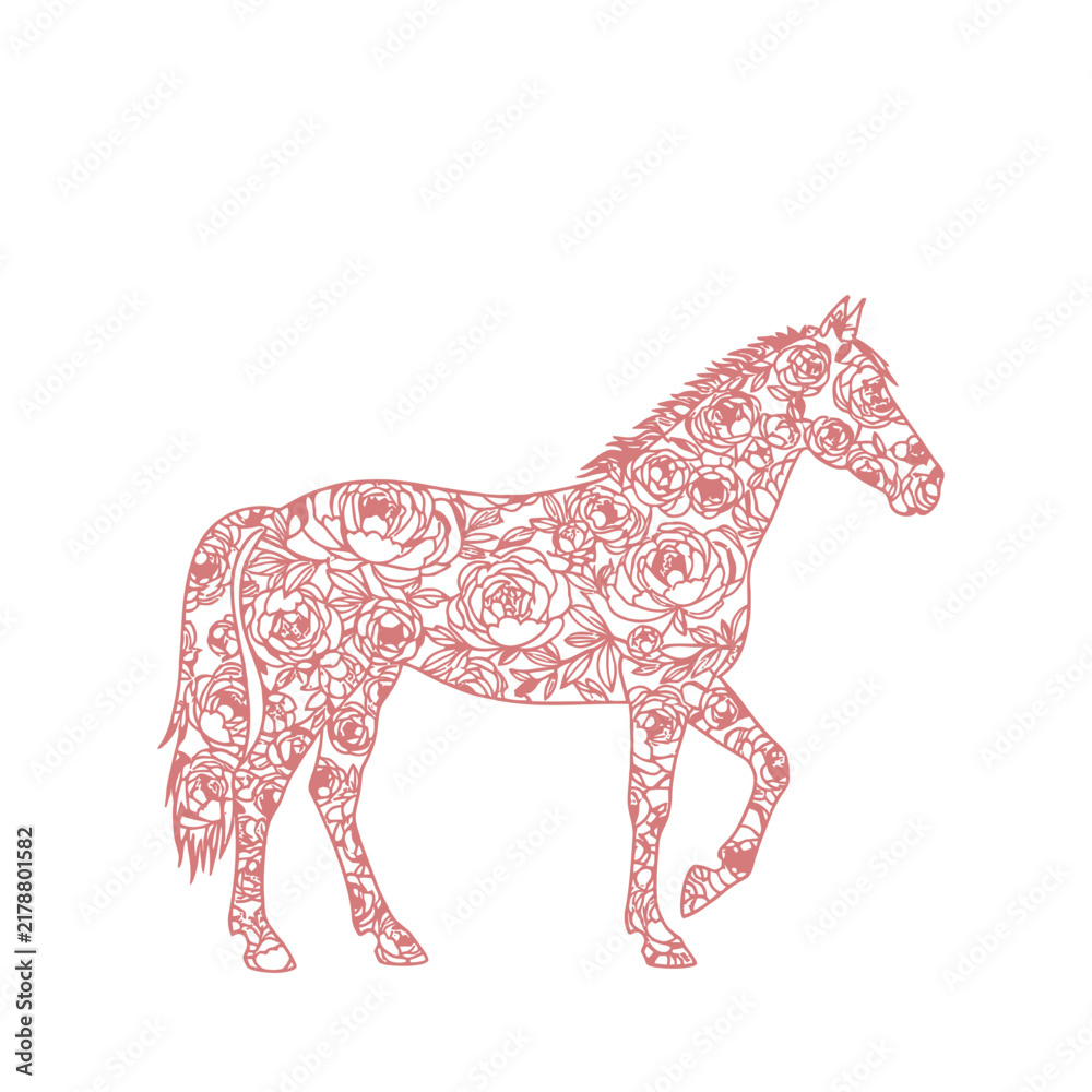 Obraz premium Elegant horse silhouette filled with intricate pink floral roses pattern line art vector illustration isolated on white background for design.