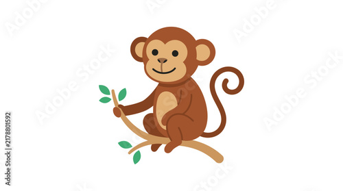 Canvas Print A brown monkey sits on a branch in a flat vector illustration