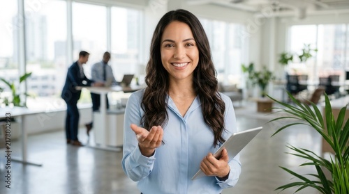 Friendly young Hispanic recruiter woman inviting job candidates to join the team.