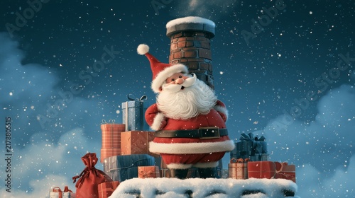 Santa Claus stands on a chimney surrounded by gifts during a snowy Christmas scene