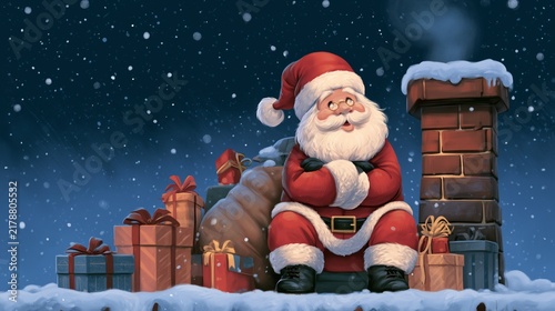 Santa sitting by a chimney with a sack of gifts and presents during snowing night